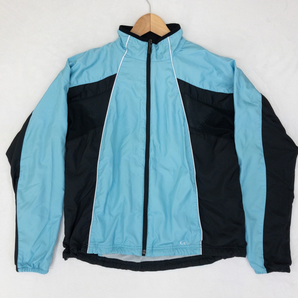 LL Bean Windbreaker Jacket Womens Medium Blue Black Full Zip Mesh Vented